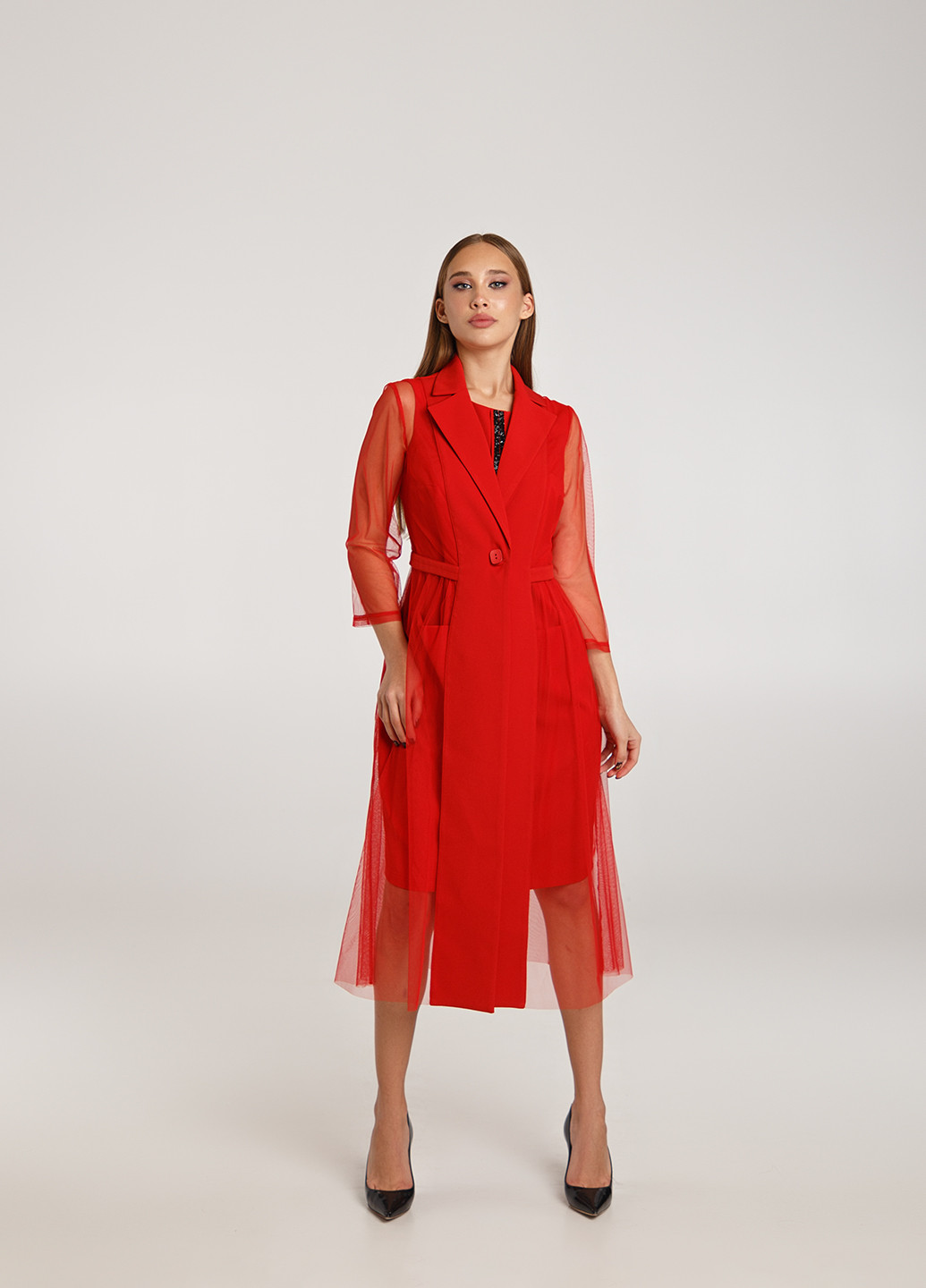 Костюм двойка платье+жакет со вставками сетки Красный Lipar 474 (205594729)