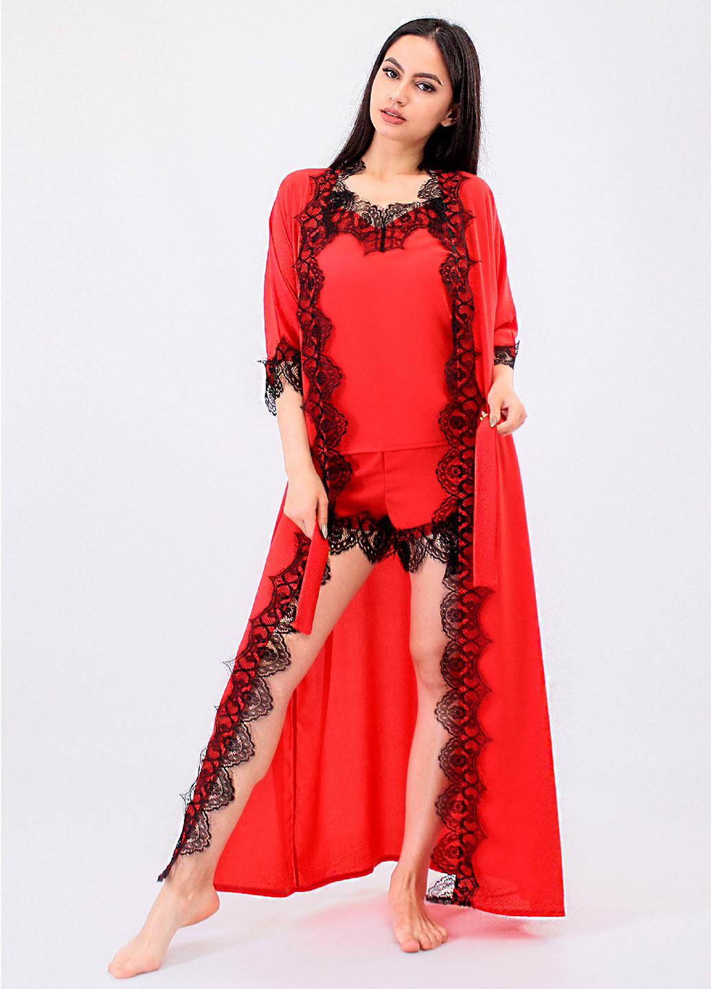 Красный демисезонный комплект (топ, шорты, халат) Ghazel