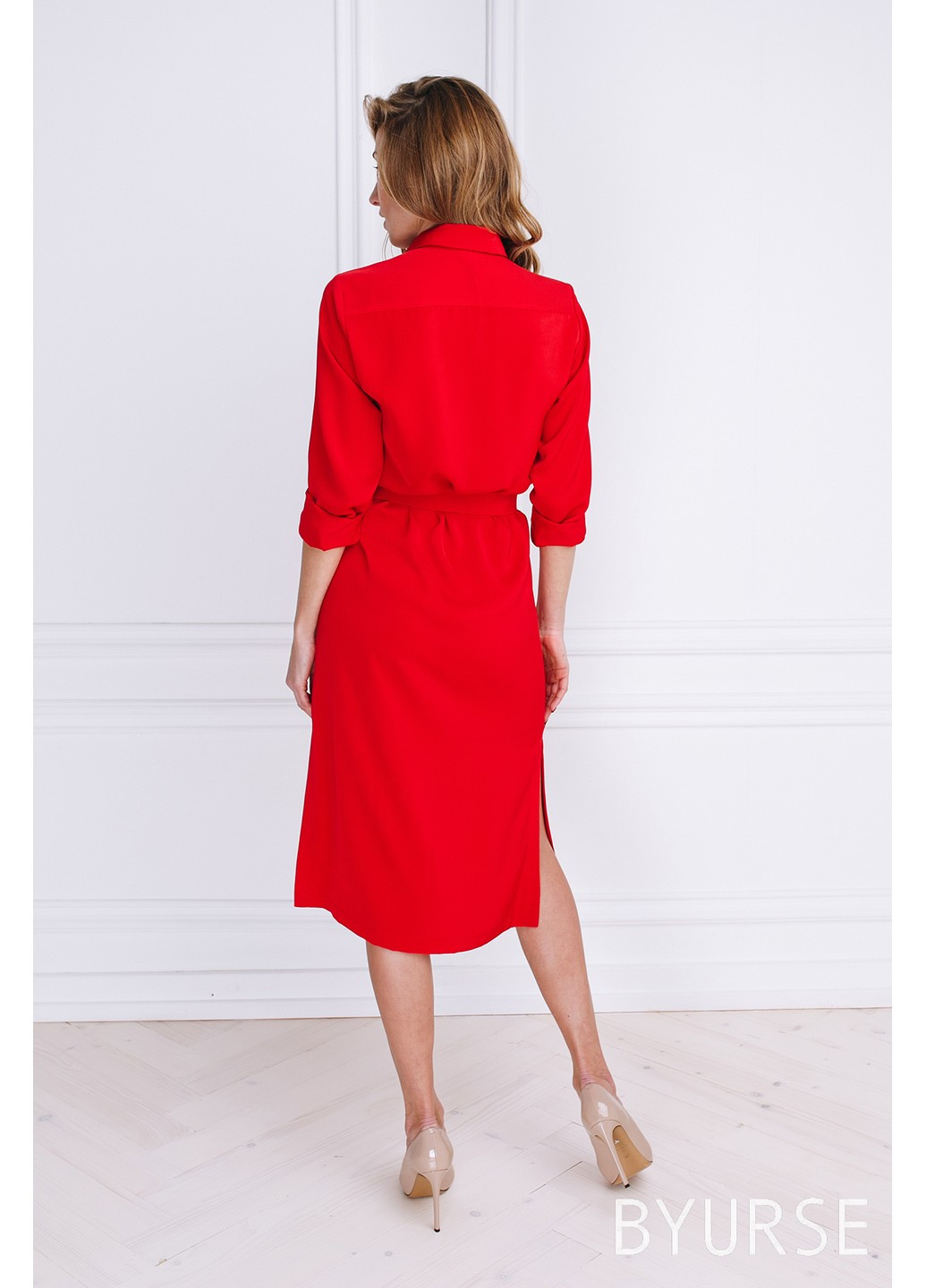 Красное повседневный платье рубашка рубашка BYURSE однотонное