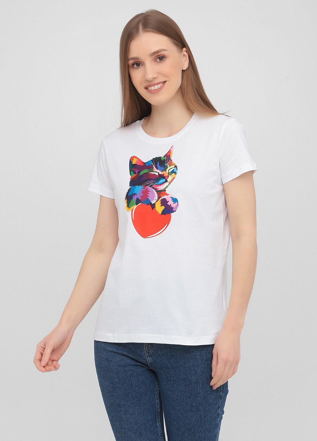 Белая летняя женская футболка, базовая кот с сердцем KASTA design