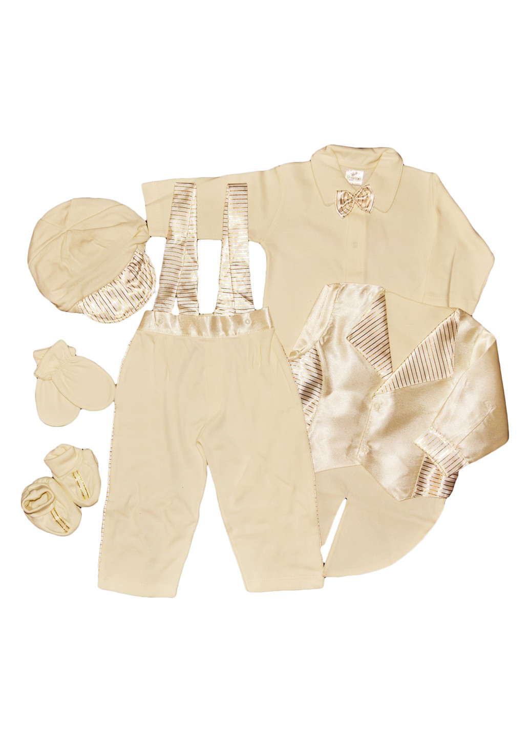 Молочный демисезонный комплект (пиджак, рубашка, брюки, берет, царапки, пинетки) Kardesler