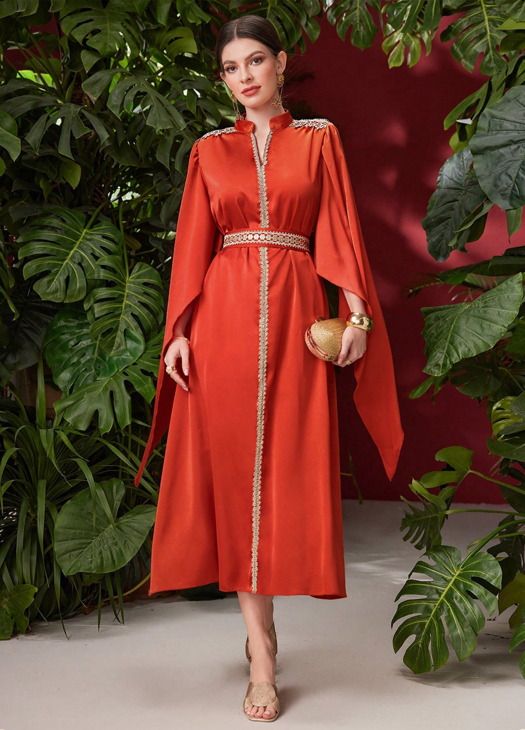 Коралова коктейльна, кежуал сукня кльош, сукня-кейп SHEIN однотонна