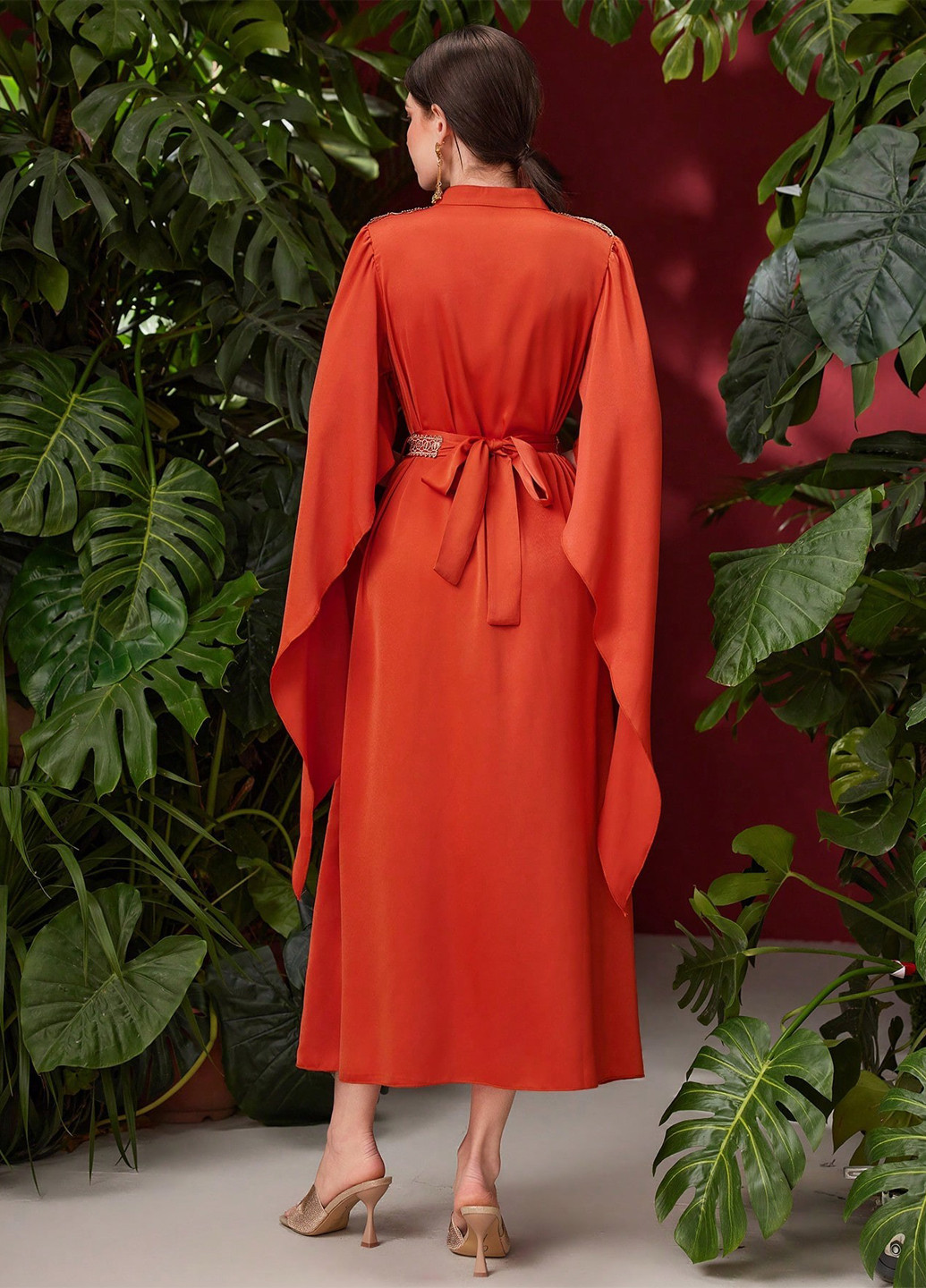 Коралова коктейльна, кежуал сукня кльош, сукня-кейп SHEIN однотонна