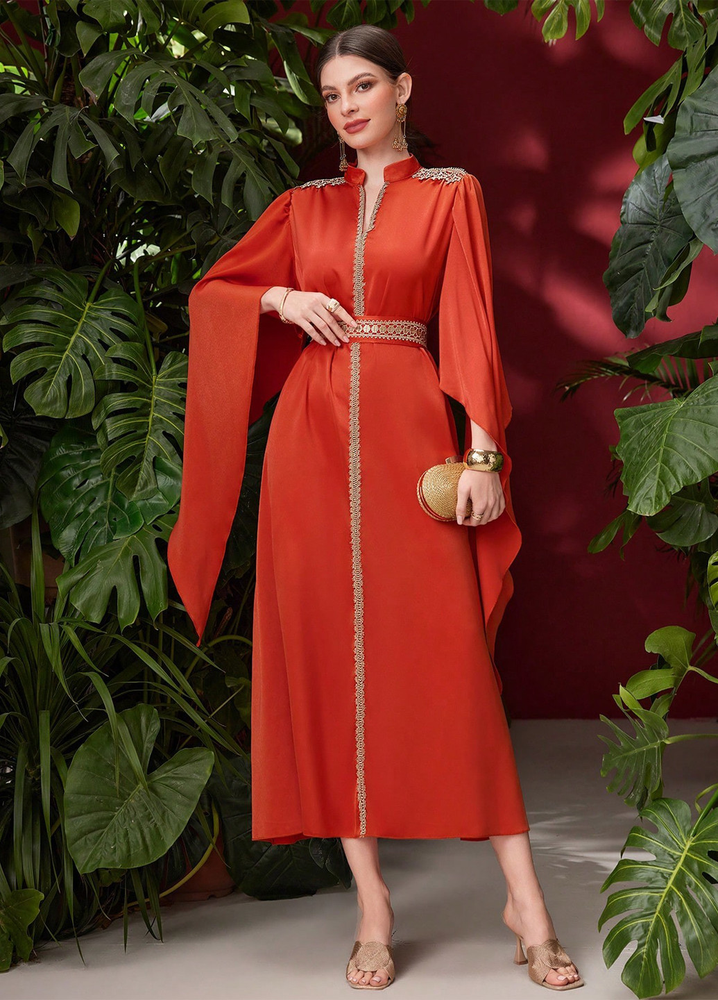 Коралова коктейльна, кежуал сукня кльош, сукня-кейп SHEIN однотонна