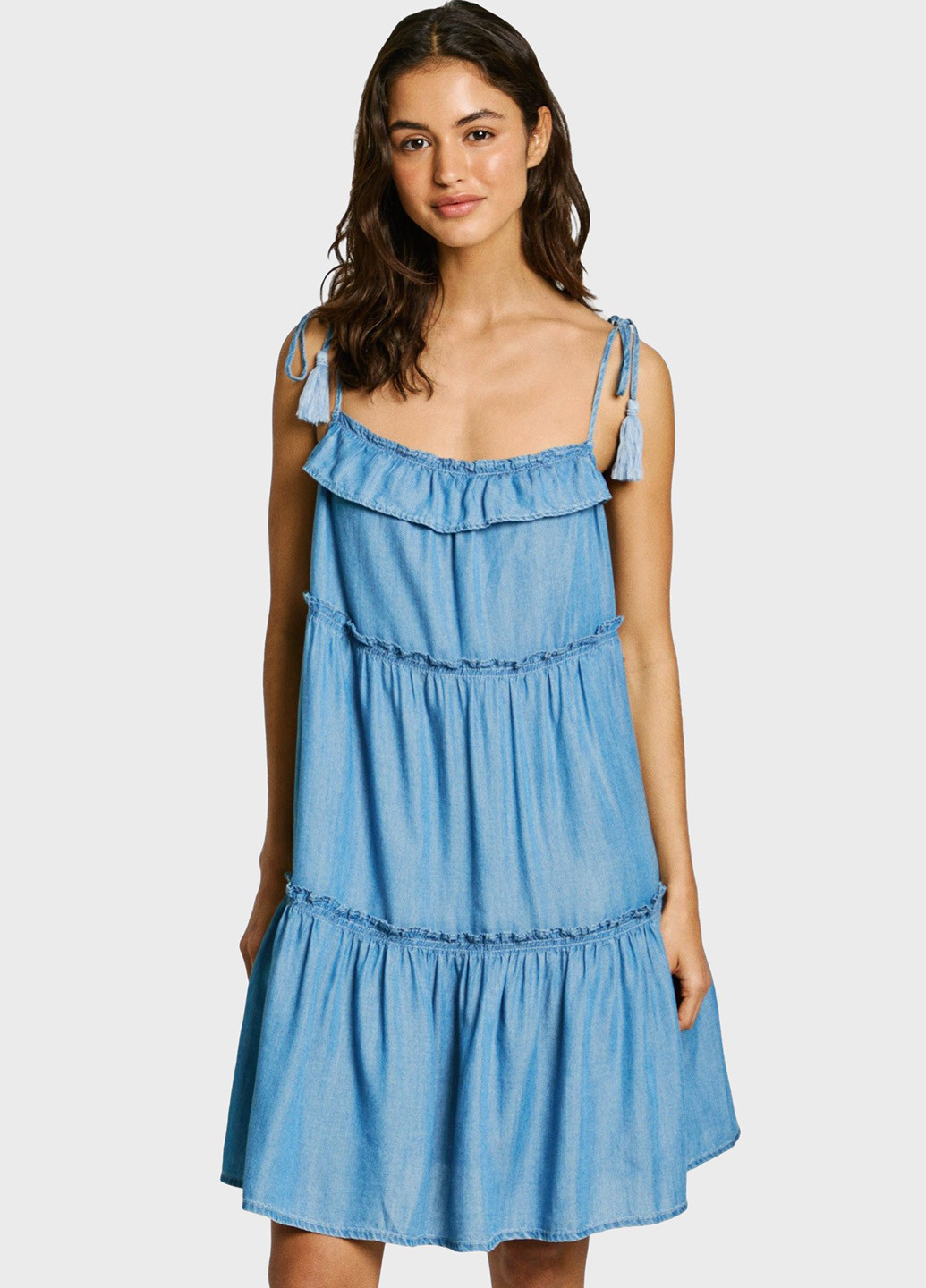 Синее кэжуал платье с открытыми плечами Pepe Jeans однотонное