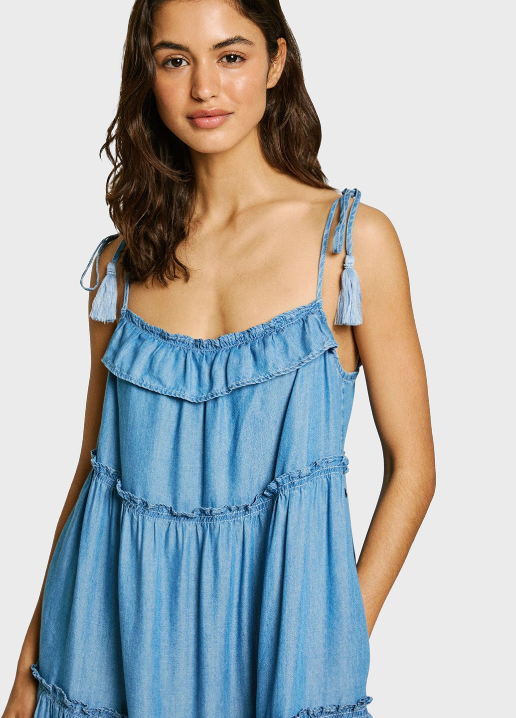 Синее кэжуал платье с открытыми плечами Pepe Jeans однотонное