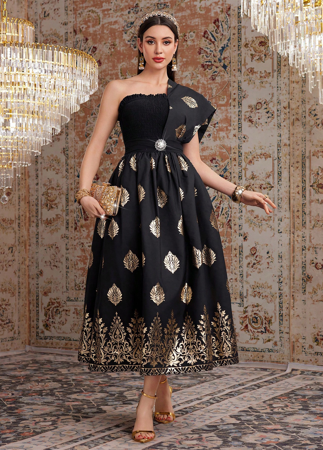 Чорна коктейльна, вечірня сукня на одне плече SHEIN з орнаментом