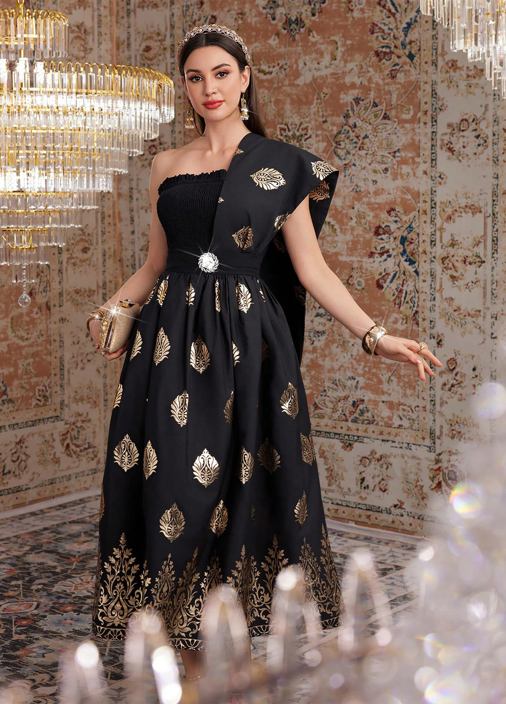 Чорна коктейльна, вечірня сукня на одне плече SHEIN з орнаментом