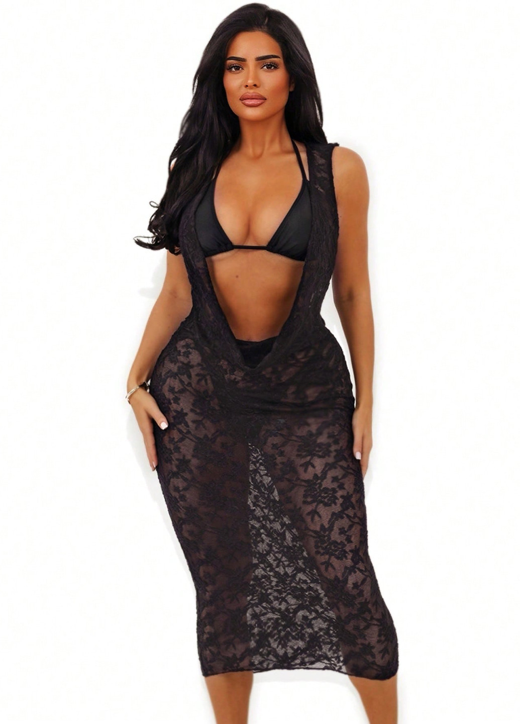 Черный летний купальник (лиф, трусики, накидка) бикини, раздельный SHEIN