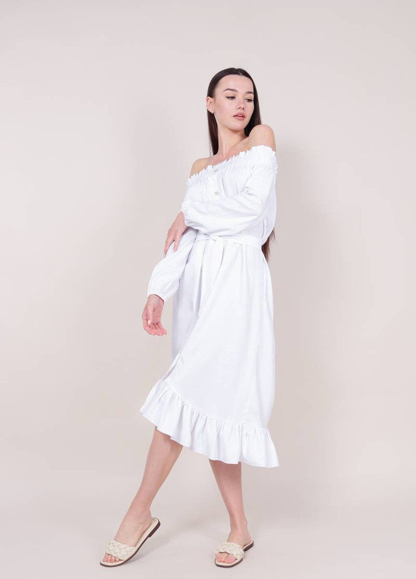 Белое кэжуал платье "афины" с открытыми плечами на пуговицах romashka, белый Ромашка однотонное