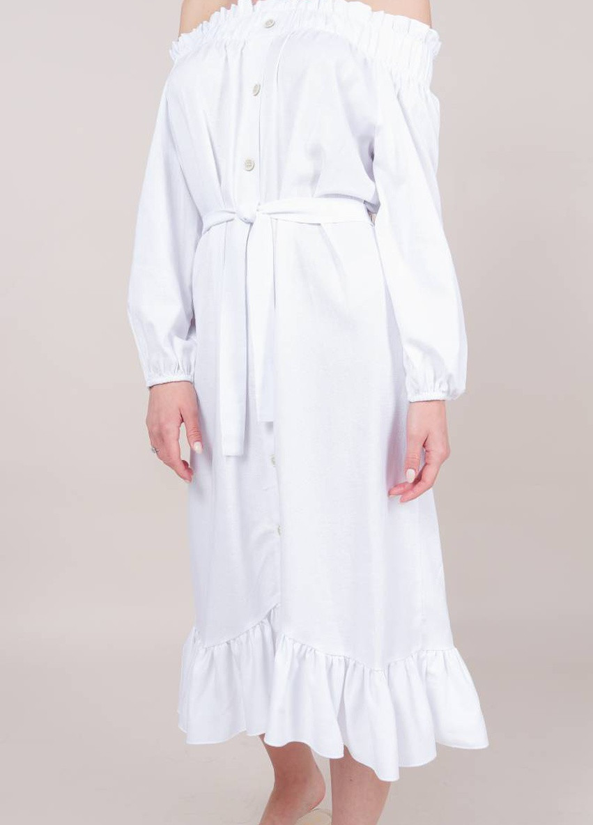 Белое кэжуал платье "афины" с открытыми плечами на пуговицах romashka, белый Ромашка однотонное