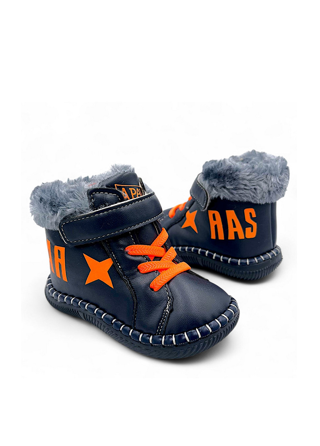 Синие пинетки Apawwa с мехом, с логотипом, с аппликацией, со шнуровкой
