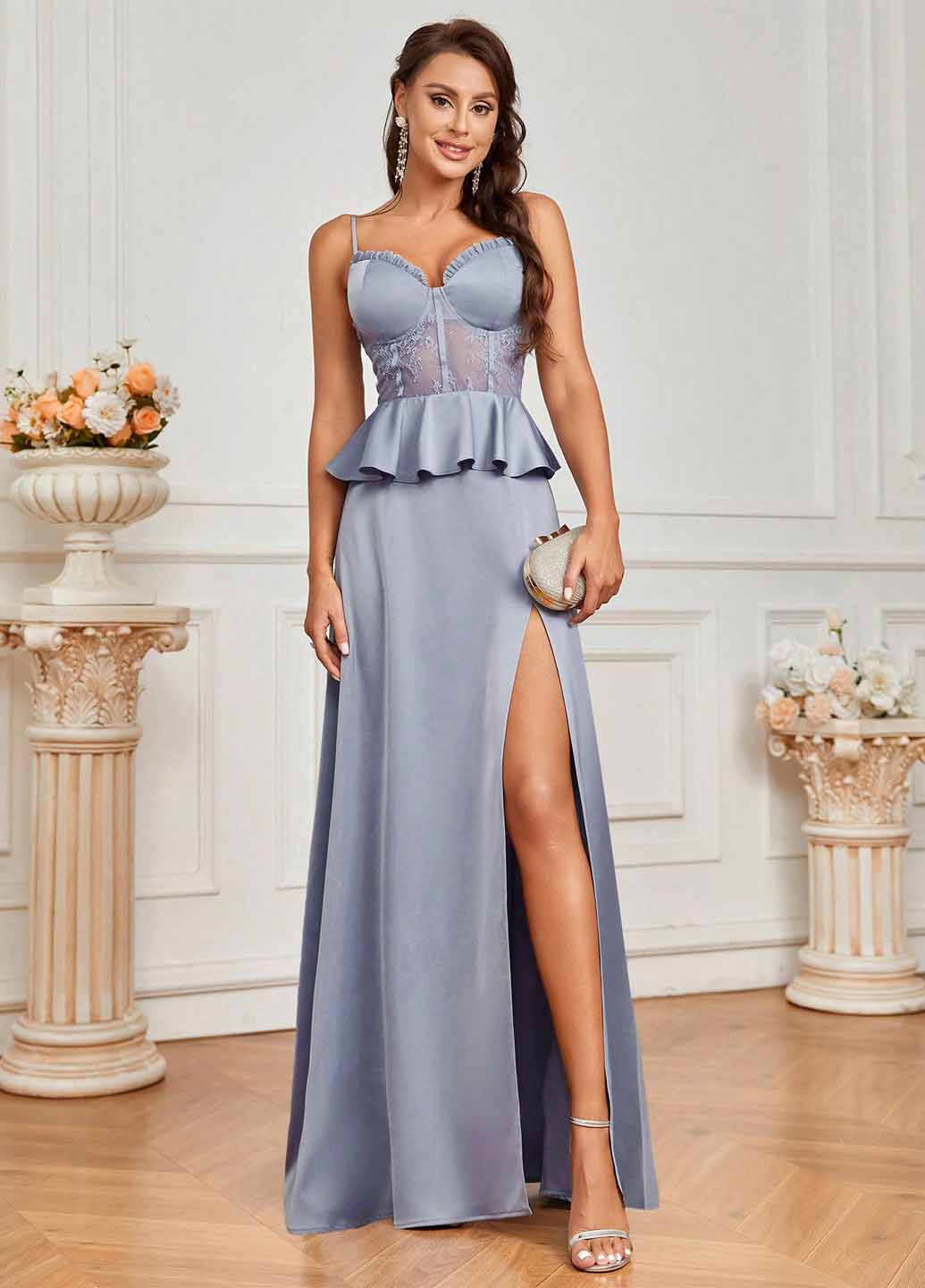 Сіро-голубий святковий, вечірня сукня кльош, з відкритою спиною SHEIN однотонна