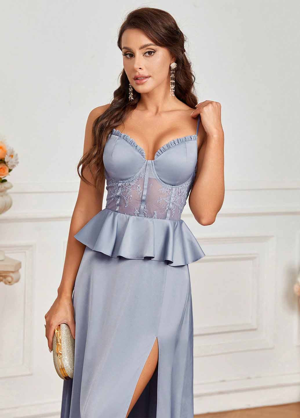 Сіро-голубий святковий, вечірня сукня кльош, з відкритою спиною SHEIN однотонна