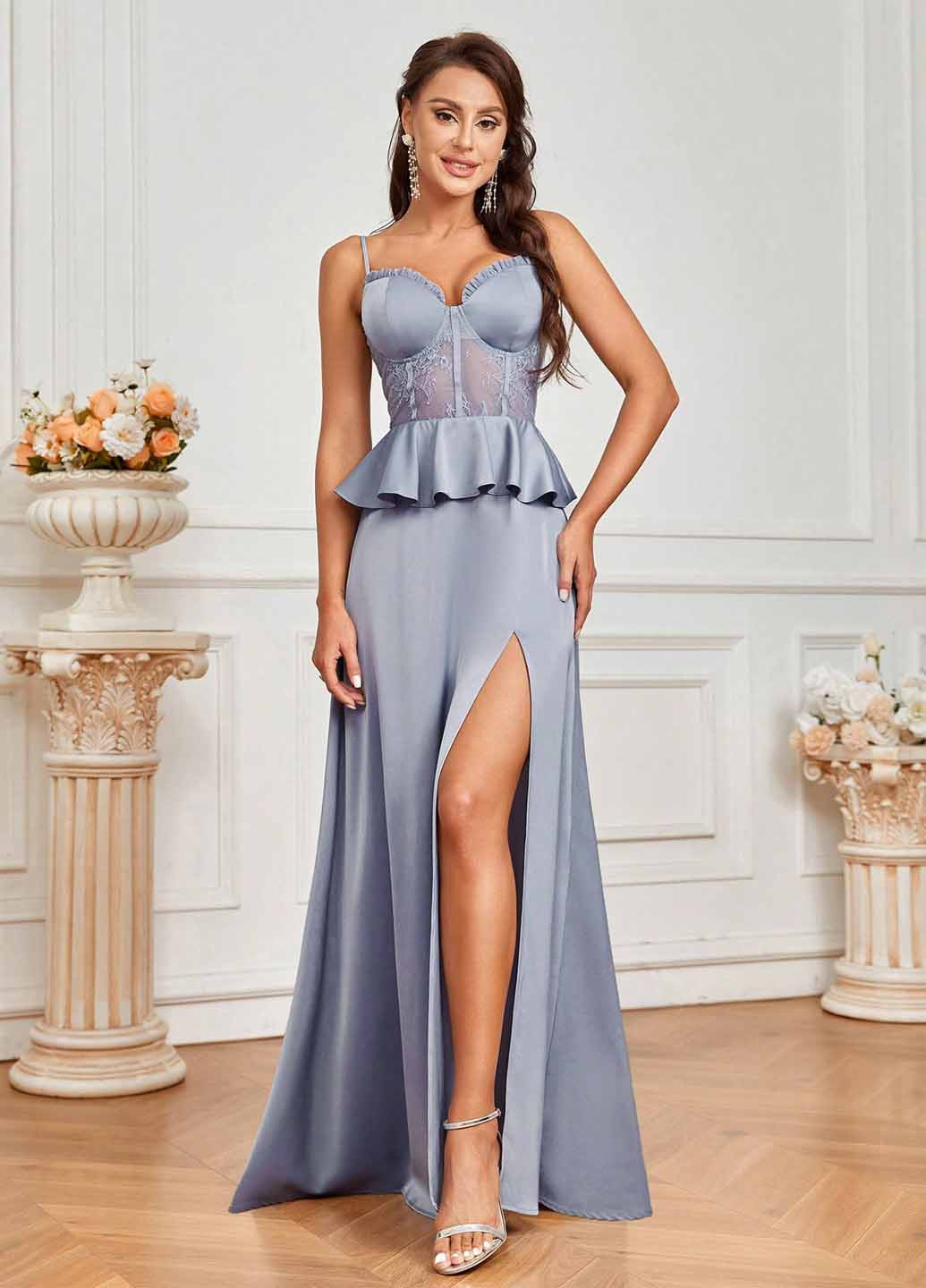 Сіро-голубий святковий, вечірня сукня кльош, з відкритою спиною SHEIN однотонна
