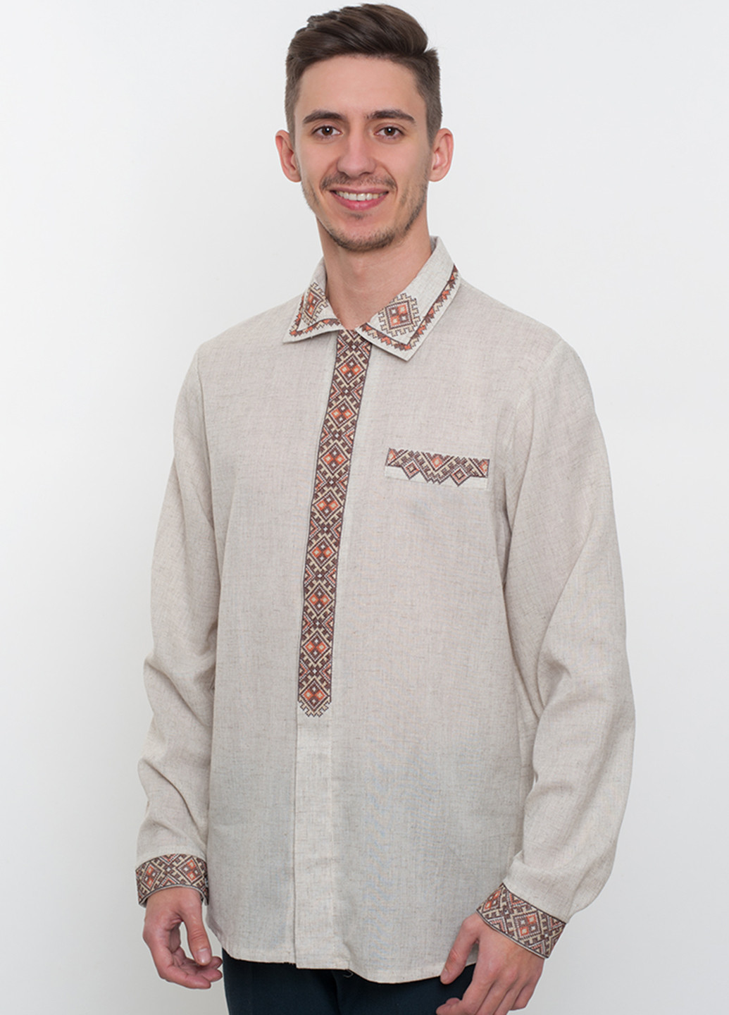 Светло-серая кэжуал рубашка с орнаментом Vyshyvanka с длинным рукавом