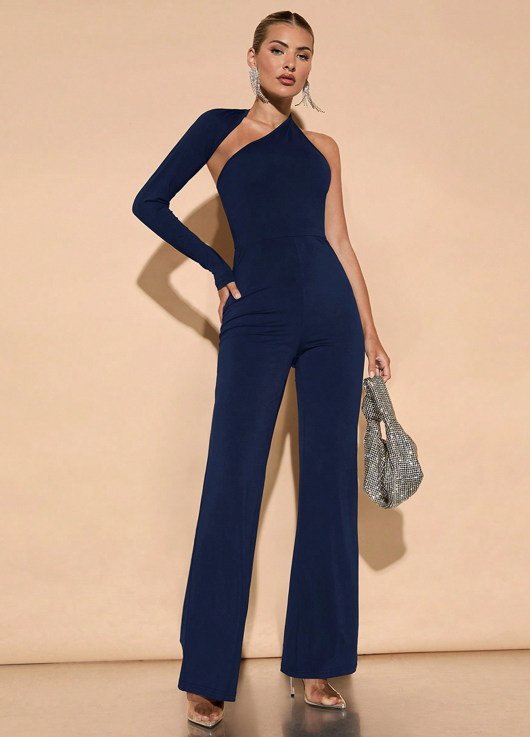 Комбинезон SHEIN комбинезон-брюки однотонный тёмно-синий вечерний полиэстер, трикотаж