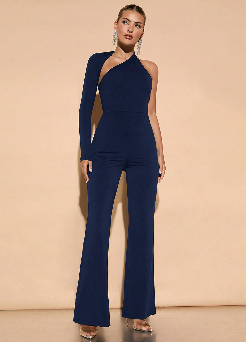 Комбинезон SHEIN комбинезон-брюки однотонный тёмно-синий вечерний полиэстер, трикотаж