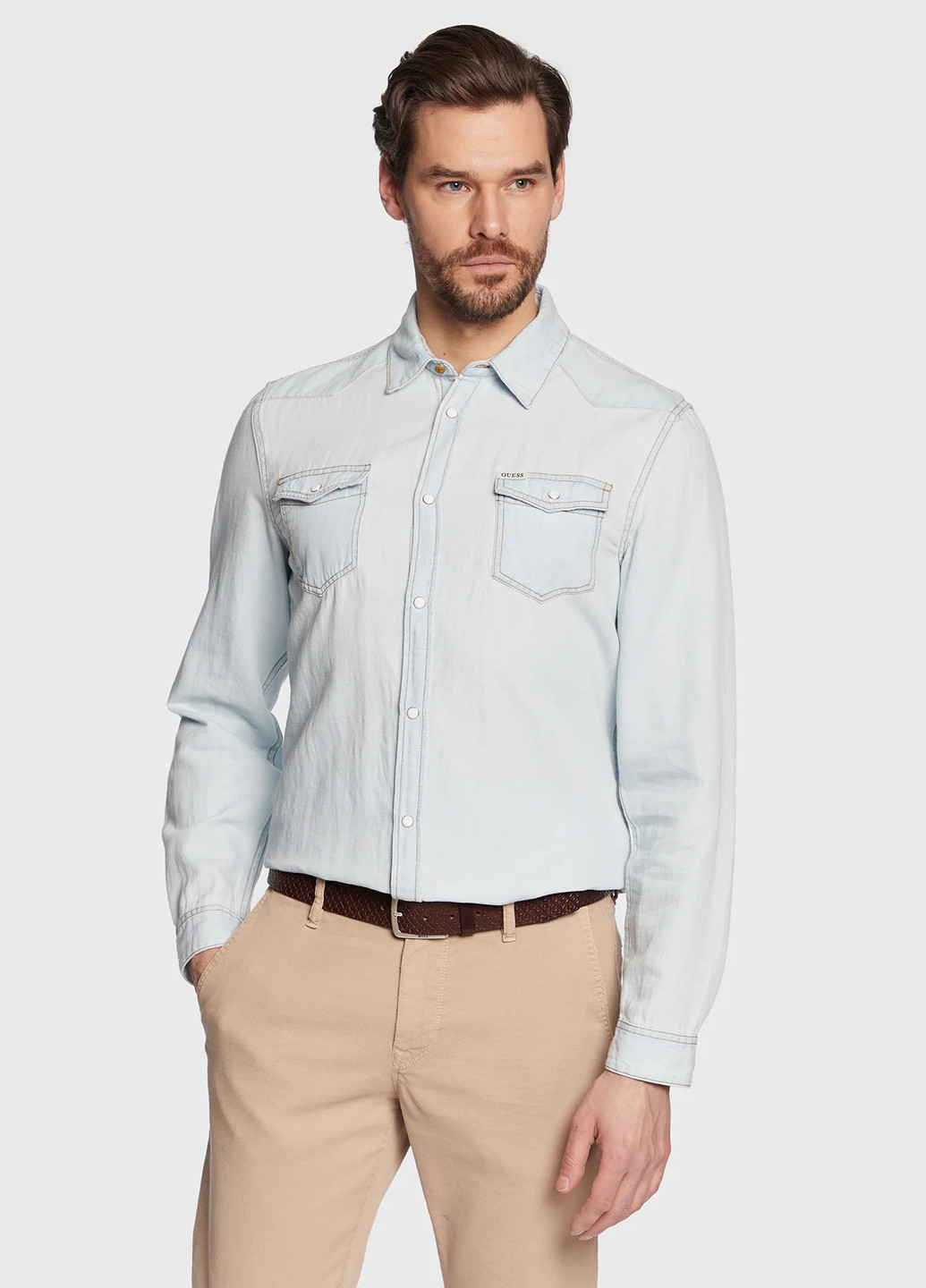 Голубой классическая, кэжуал рубашка с логотипом Guess