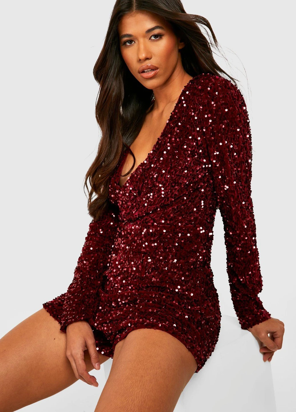 Комбінезон Boohoo комбінезон-шорти однотонний бордовий святковий, вечірній поліестер