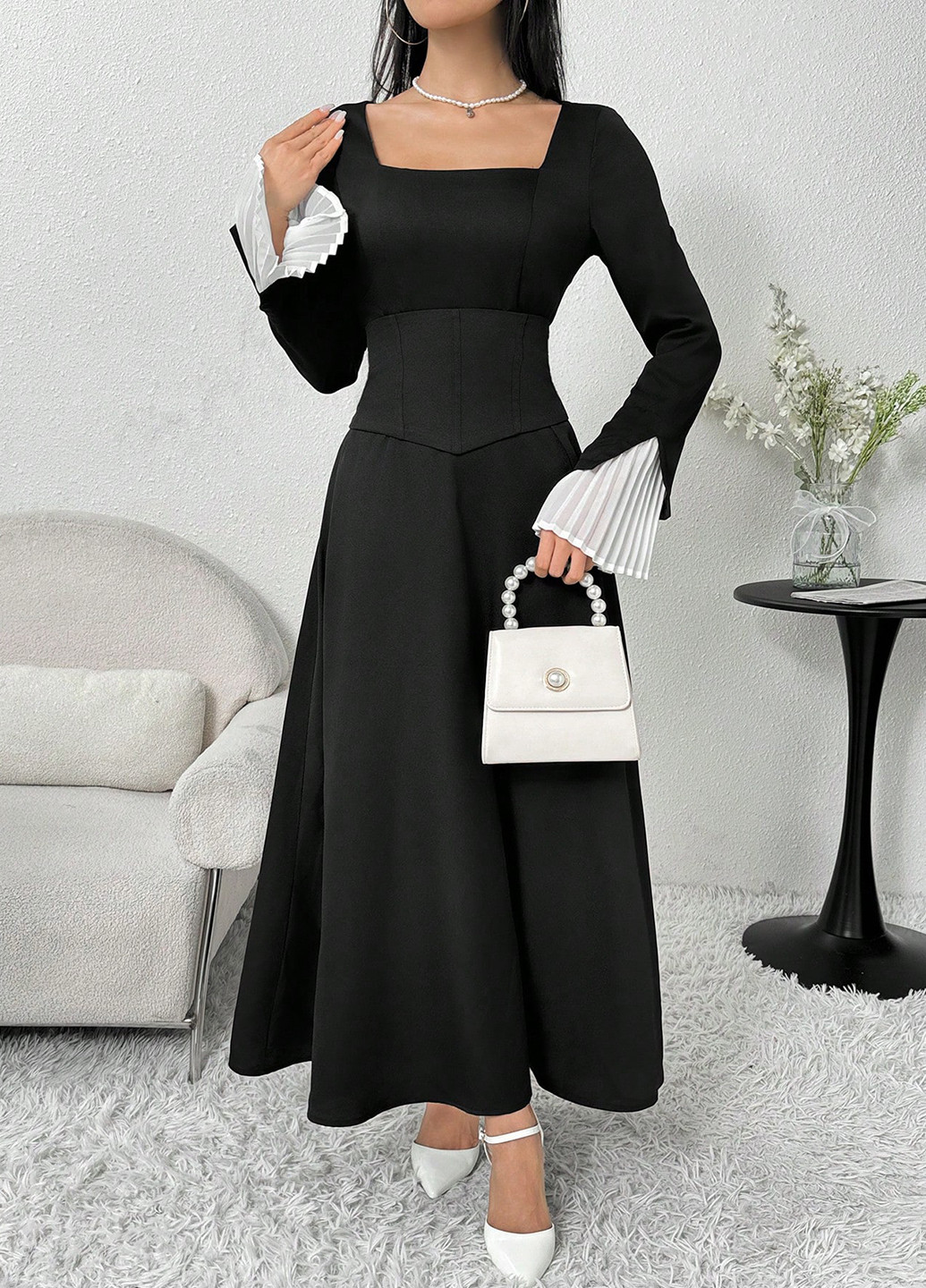 Чорна кежуал, вечірня сукня кльош SHEIN однотонна