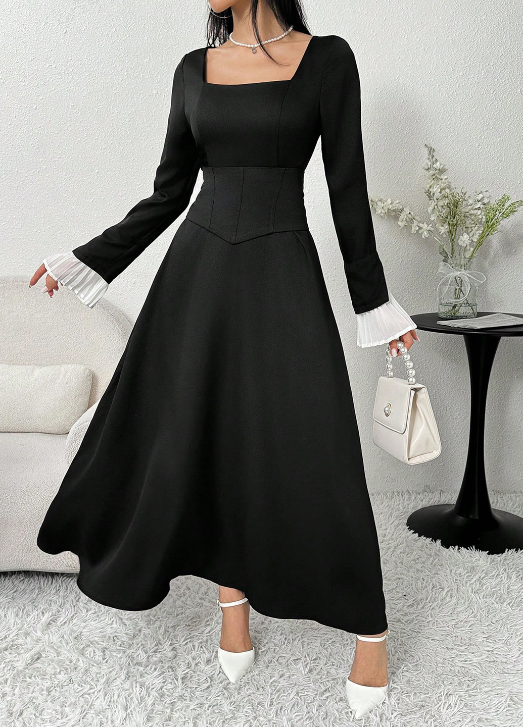 Чорна кежуал, вечірня сукня кльош SHEIN однотонна