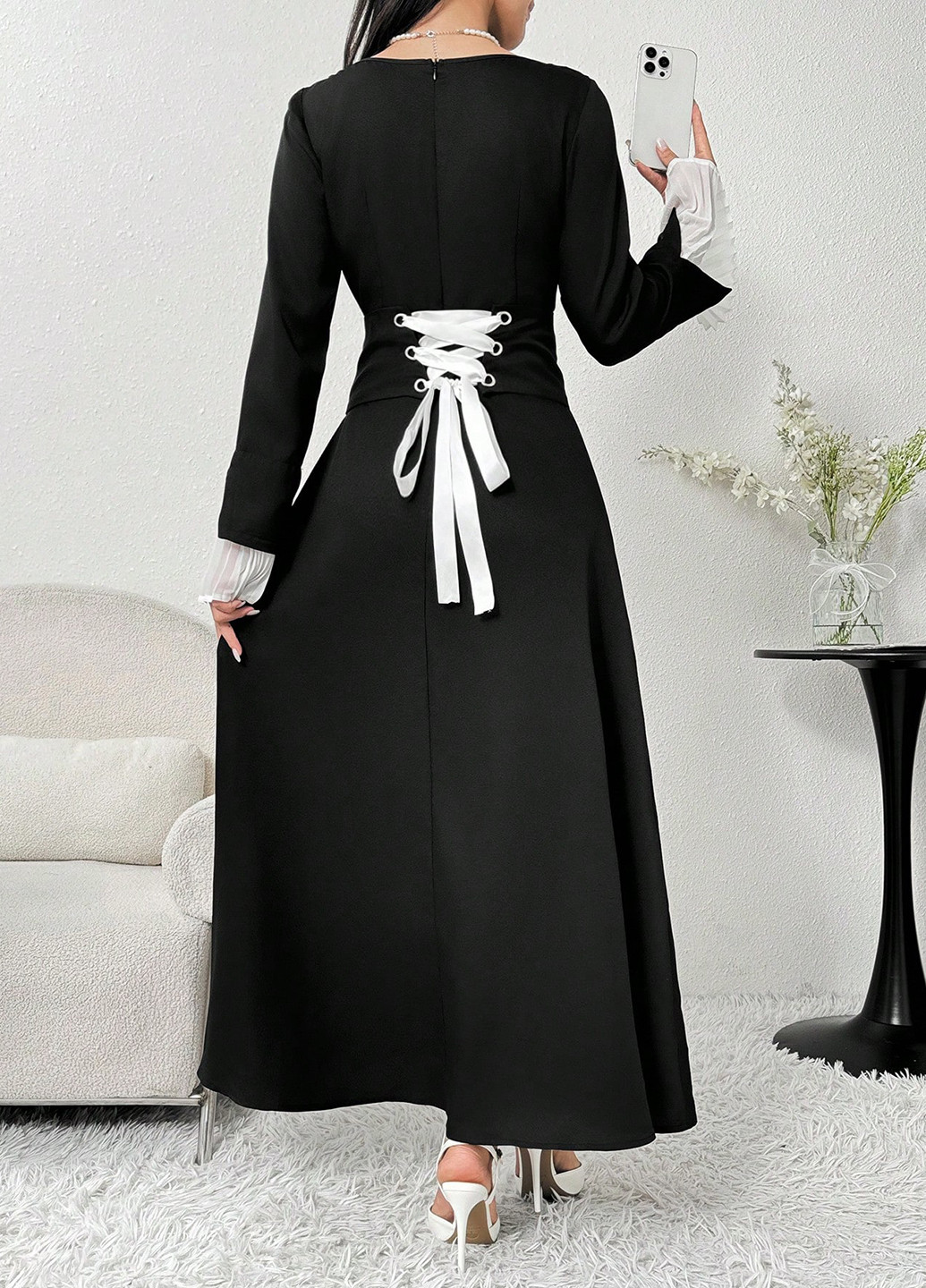 Чорна кежуал, вечірня сукня кльош SHEIN однотонна