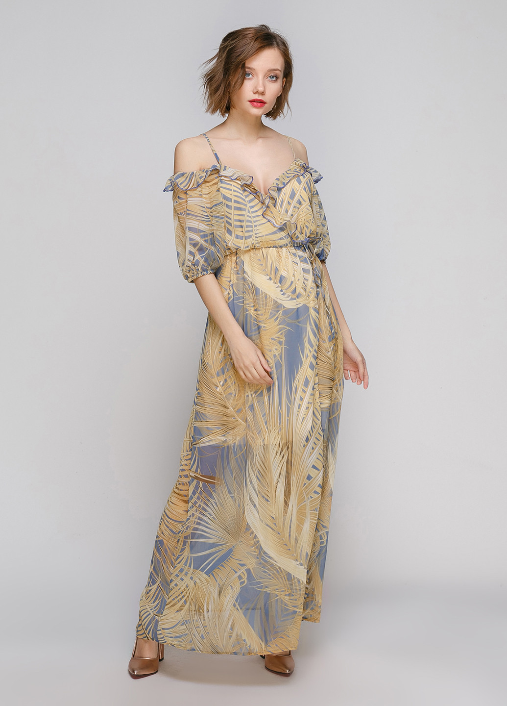 Оливковое вечернее платье с открытыми плечами Babylon с абстрактным узором