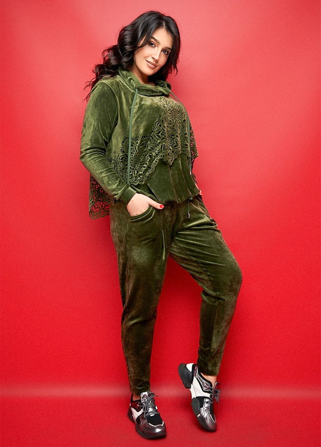 Костюм (туника, брюки) LibeAmore однотонный темно-зелёный спортивный хлопок, велюр