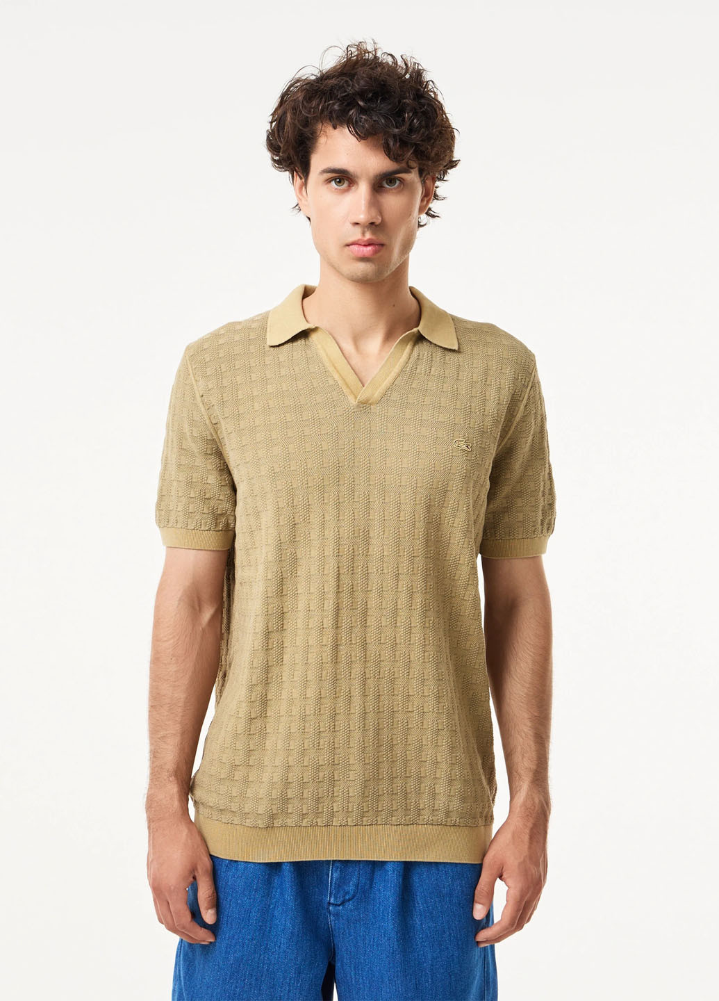 Бежевая футболка-поло для мужчин Lacoste с геометрическим узором