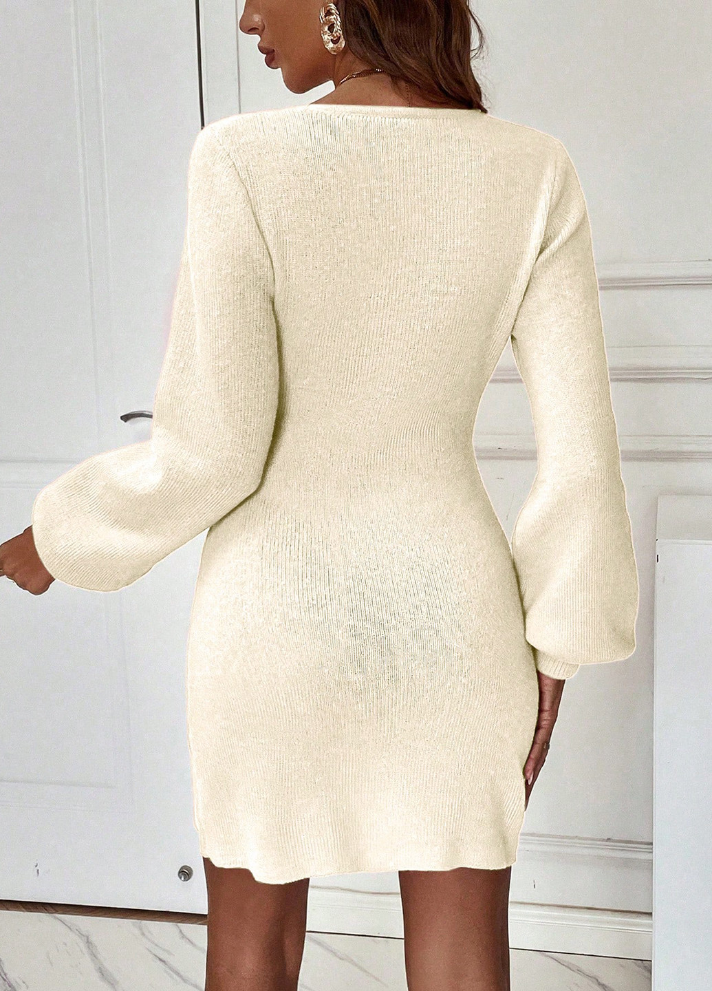 Кремова святковий, вечірня, кежуал сукня на запах, а-силует, сукня светр SHEIN однотонна