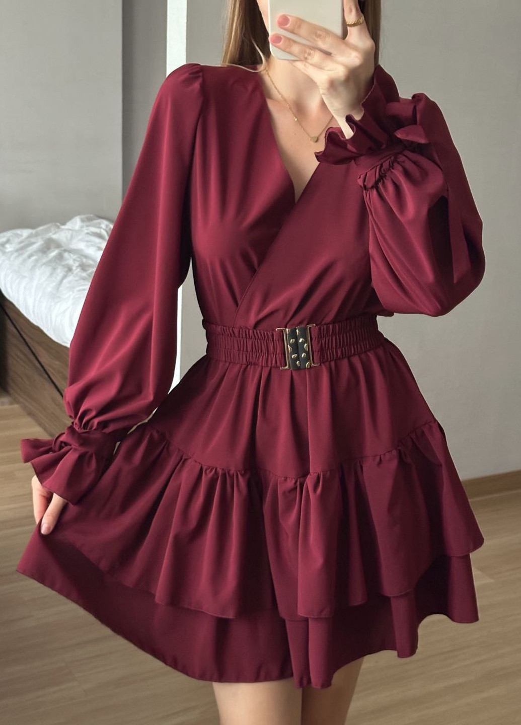 Бордовое кэжуал платье клеш, на запах No Brand однотонное