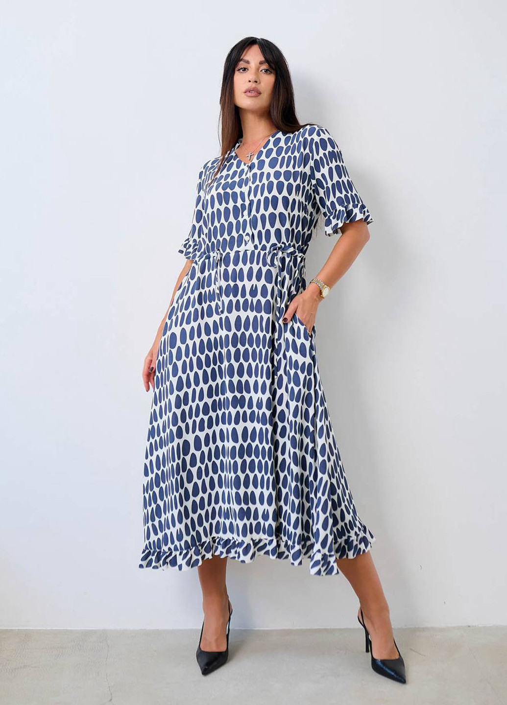 Синее кэжуал платье клеш LibeAmore с абстрактным узором