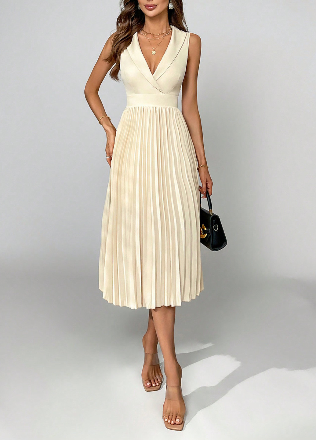 Айвори коктейльное, деловое, кэжуал платье плиссированное, в стиле ампир SHEIN однотонное