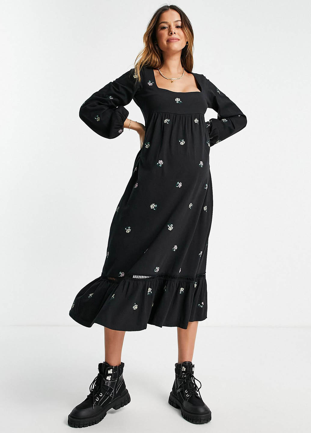 Чорна кежуал сукня для вагітних в стилі армпір, з відкритою спиною Asos з квітковим принтом