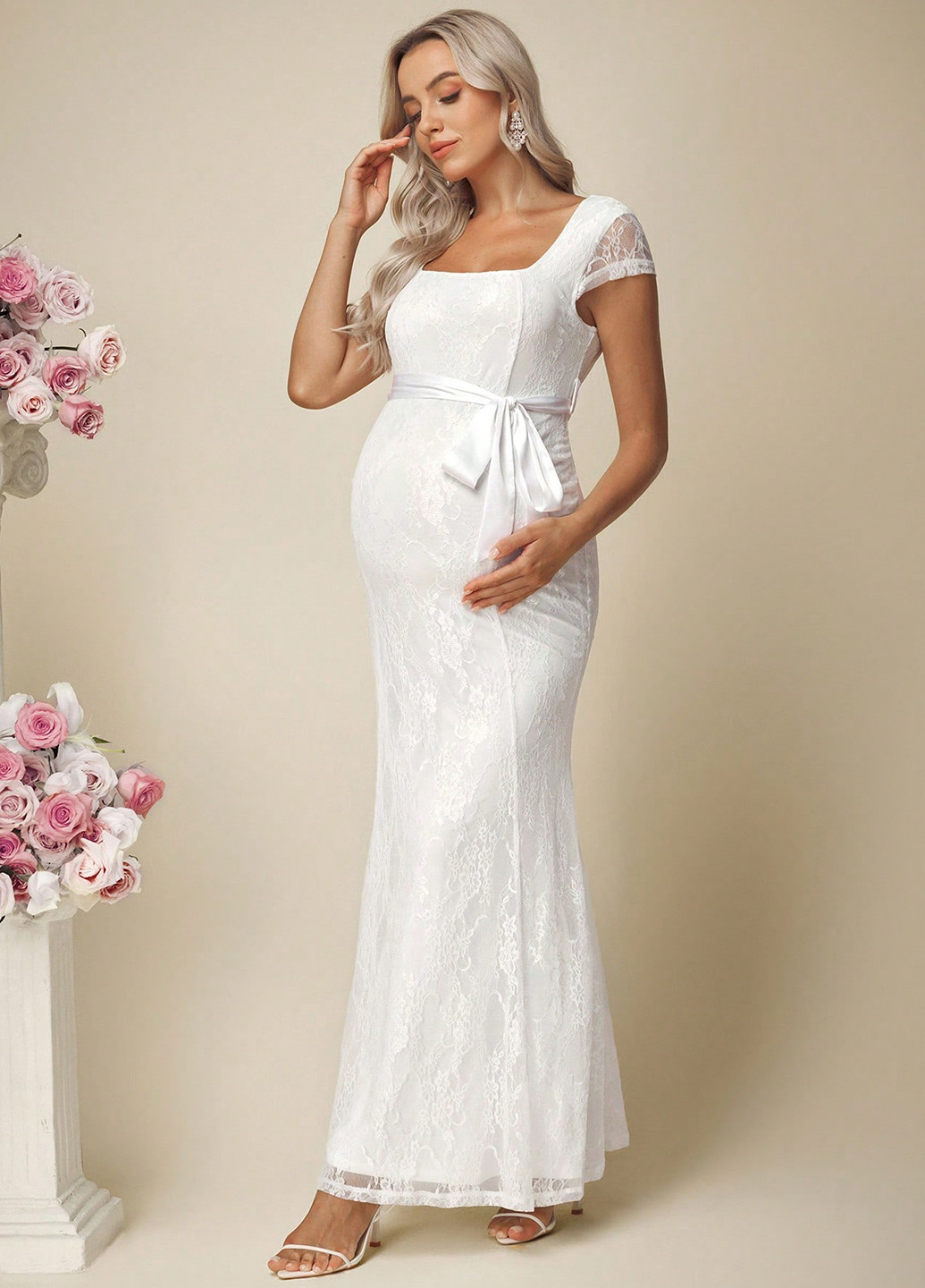 Белое праздничный, вечернее платье для беременных годе, с открытой спиной SHEIN однотонное