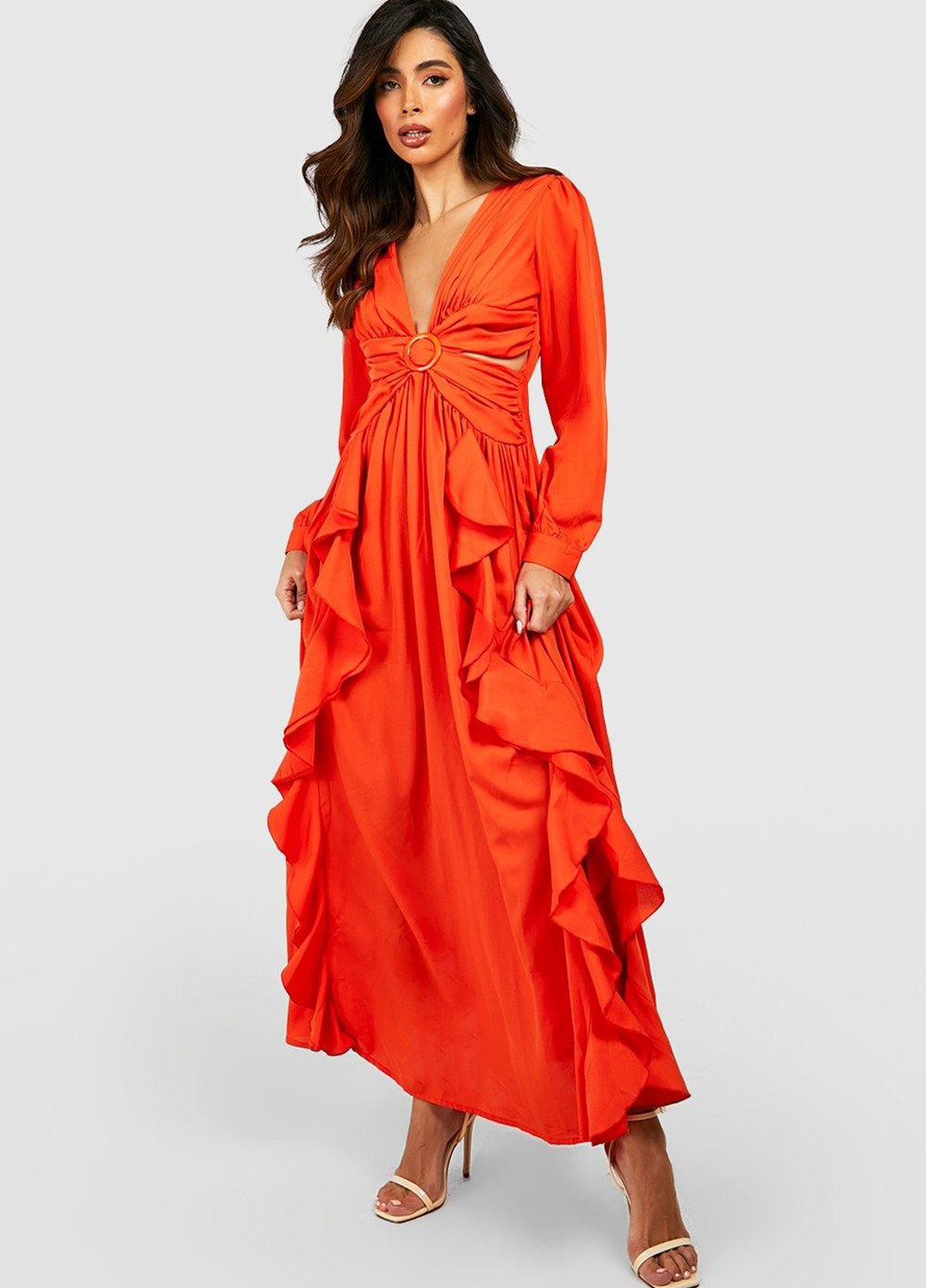 Оранжевое вечернее платье клеш Boohoo однотонное
