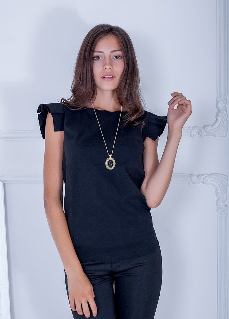 Чорна симпатична літня блузка з бенгалина з рукавами в складку trefoil черный Podium