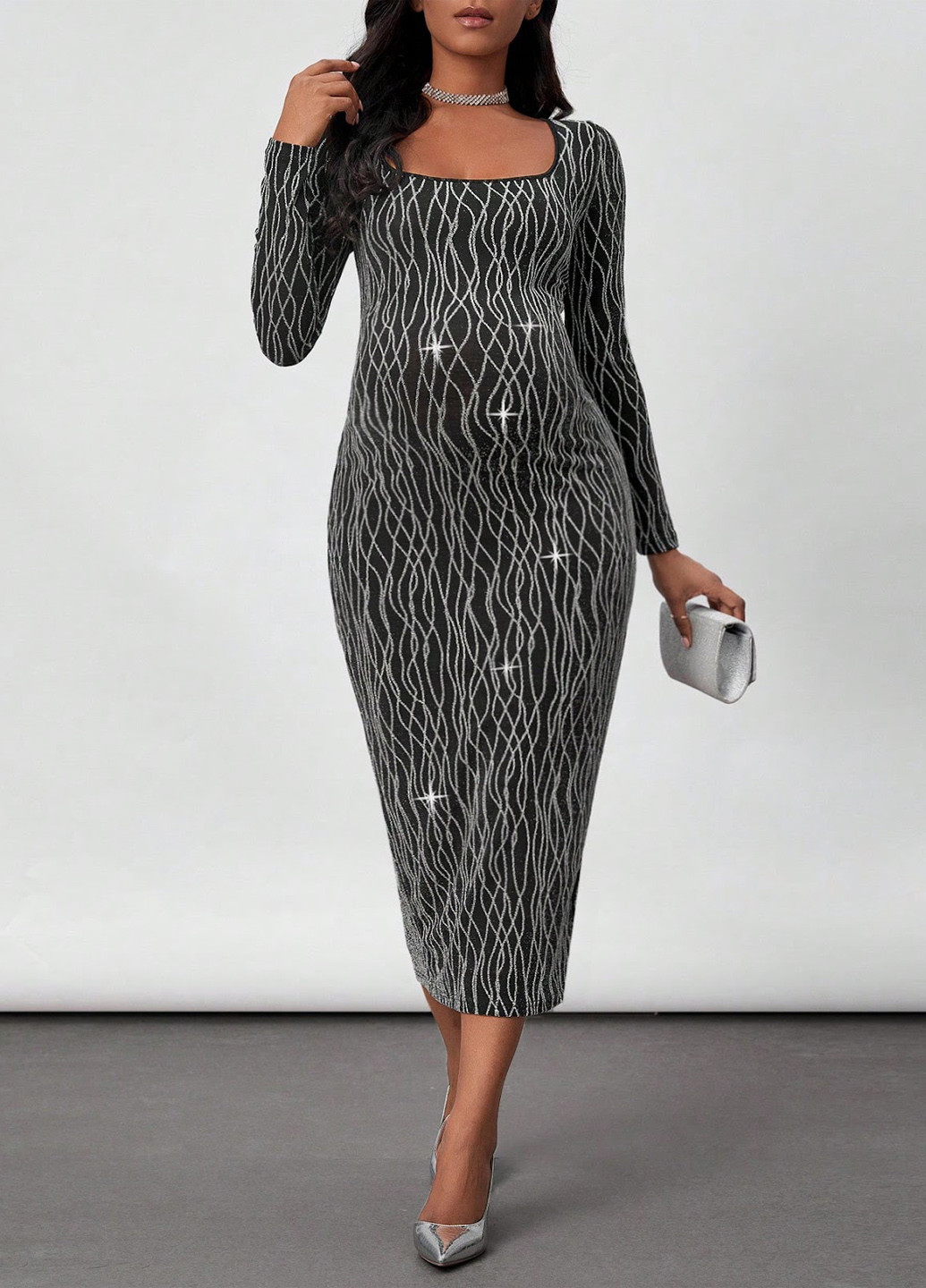 Чорна святковий, вечірня сукня для вагітних силуетна SHEIN з абстрактним візерунком