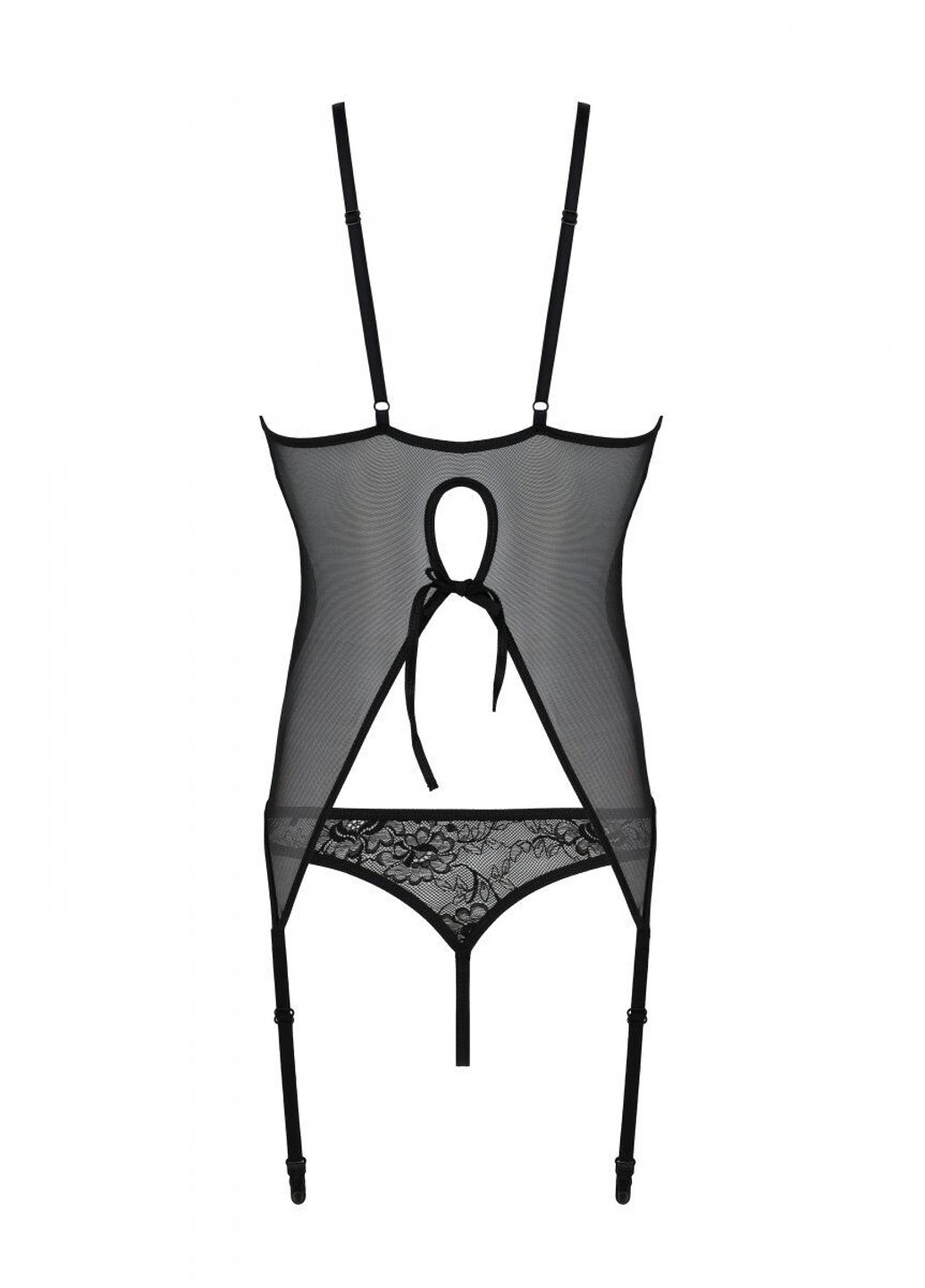 Корсет Ursula Corset black L/XL, с пажами, трусики с ажурным декором и открытым шагом Passion (255457853)