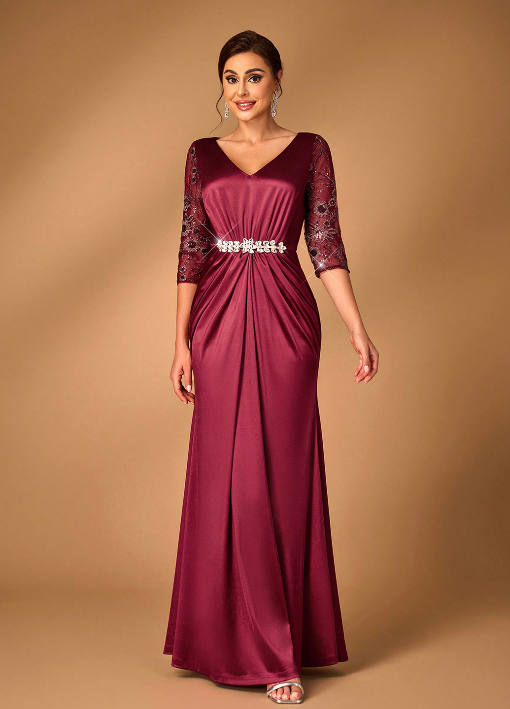 Бордовое вечернее платье клеш SHEIN однотонное