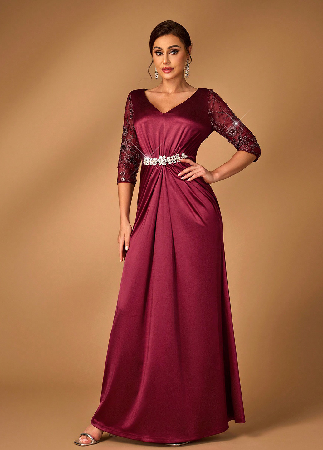 Бордовое вечернее платье клеш SHEIN однотонное