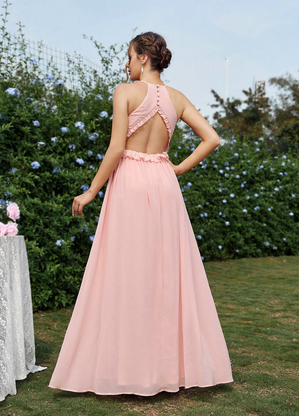 Светло-розовое вечернее платье в стиле ампир, с открытой спиной SHEIN однотонное