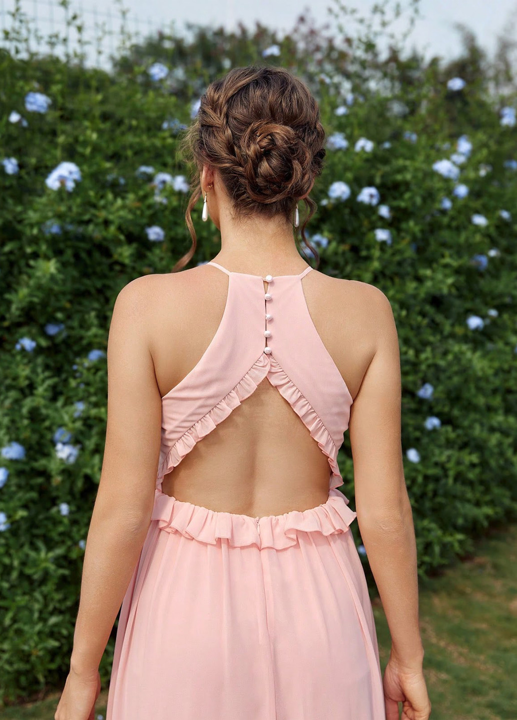 Светло-розовое вечернее платье в стиле ампир, с открытой спиной SHEIN однотонное