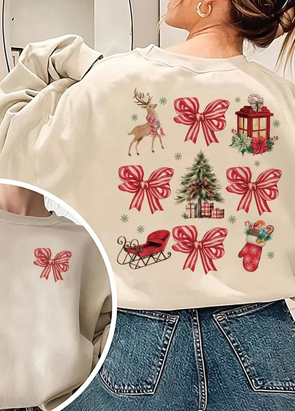 Кремовый свитшот SHEIN новогодний без декора (332313086)