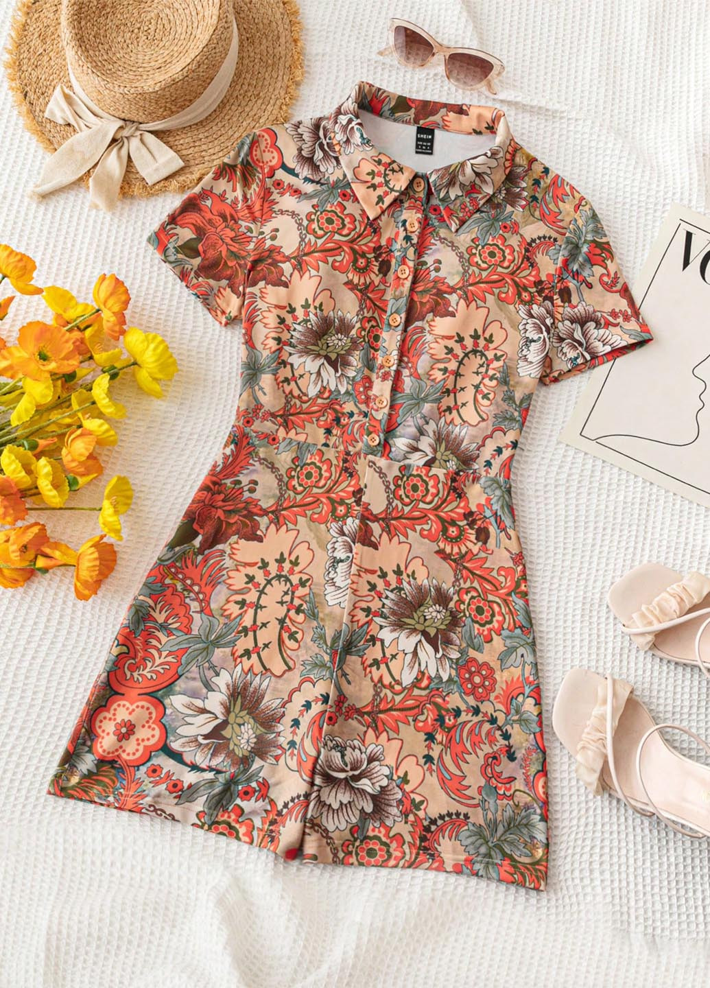 Комбинезон SHEIN комбинезон-шорты цветочный оранжевый праздничный, пляжный, кэжуал полиэстер