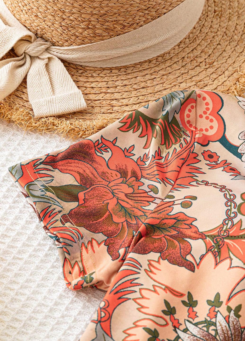 Комбинезон SHEIN комбинезон-шорты цветочный оранжевый праздничный, пляжный, кэжуал полиэстер