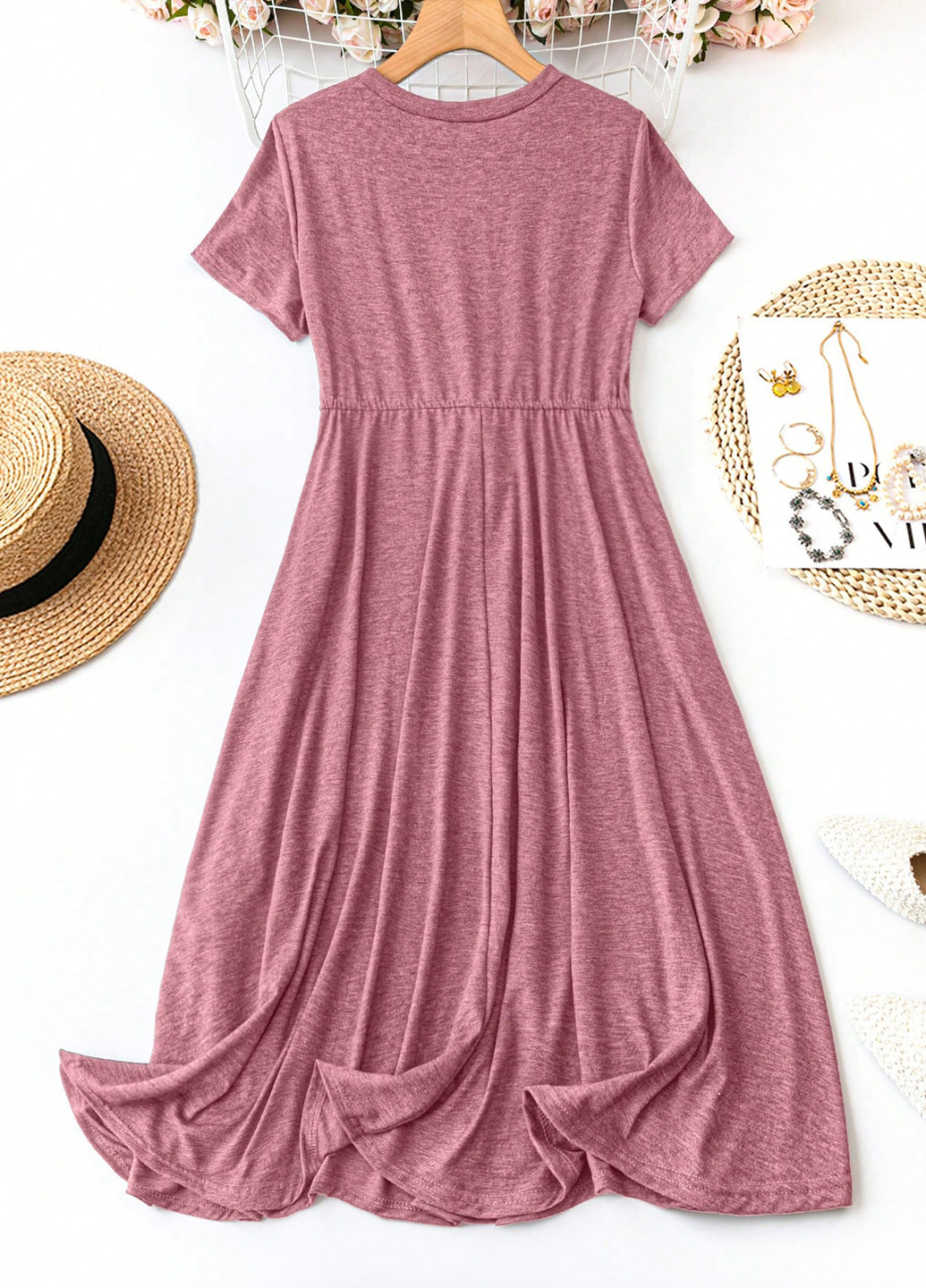 Темно-рожева кежуал сукня сукня-футболка, з спідницею-сонце SHEIN меланжева