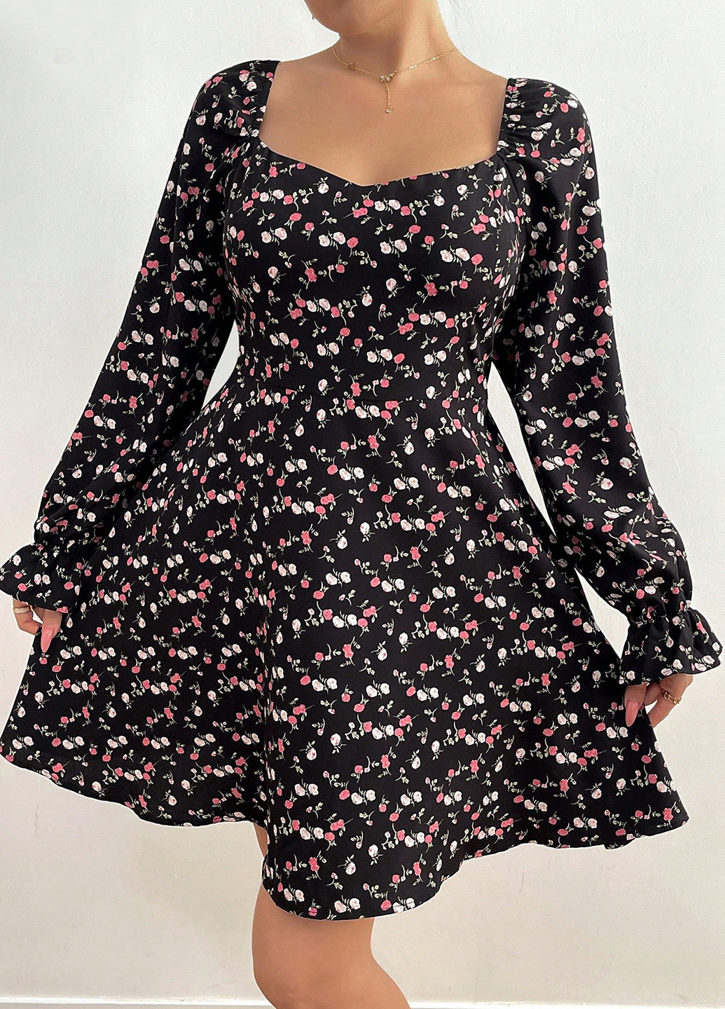 Черное праздничный, кэжуал платье клеш, а-силуэт SHEIN с цветочным принтом