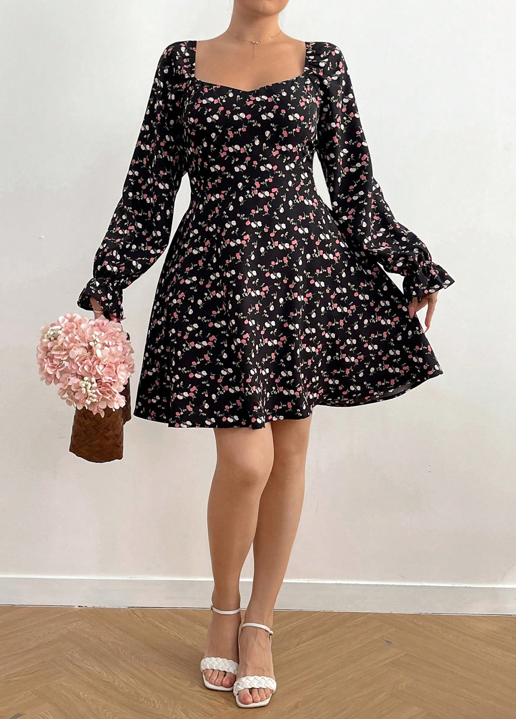 Черное праздничный, кэжуал платье клеш, а-силуэт SHEIN с цветочным принтом